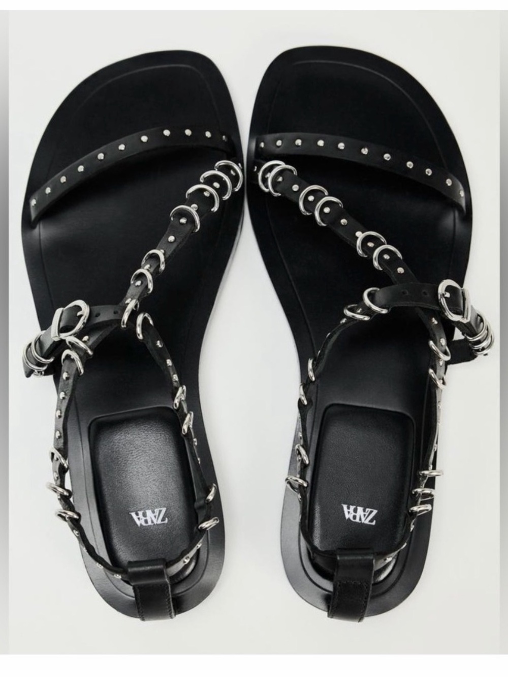 Zara NWT Leather Black Sandals with Silver Studs